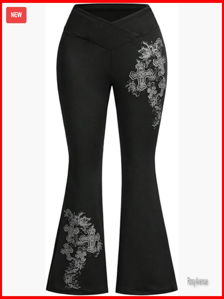 Women's Plus Size Goth Graphic Bell Bottom Flare Pants V Cross High Waisted